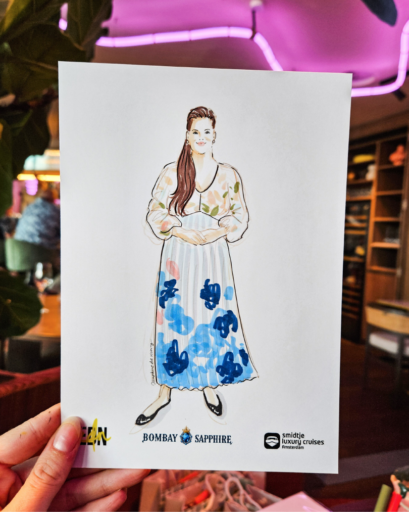 Live illustration of a woman in a floral dress made at an event in Amsterdam